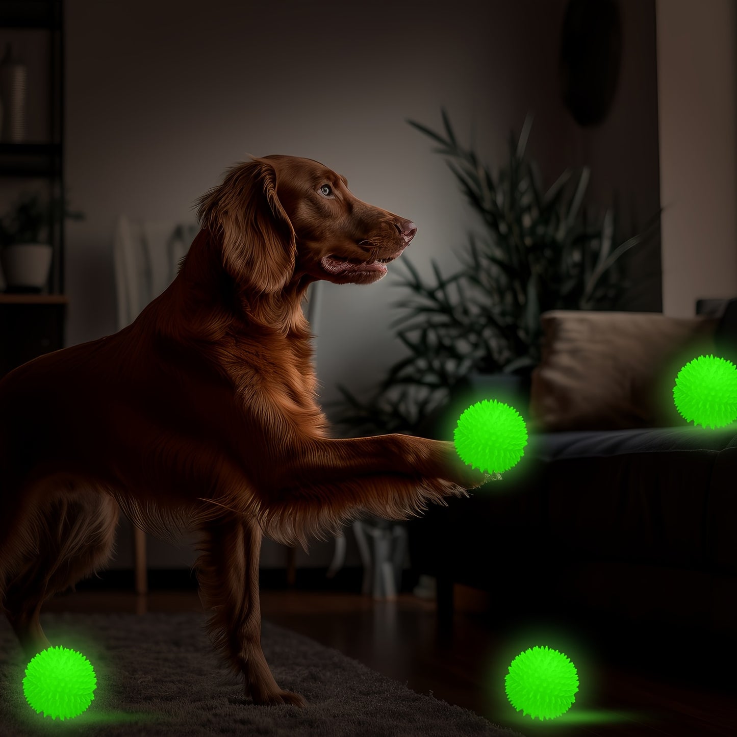 4pcs 3.15 Inch Glow In The Dog Balls Light Up Spiky Squeak Rubber Spike Dog Ball Squeaky Interactive Elastic Glow In The Dark Puppy Chew Toys for Small, Medium, Large Puppy Pet