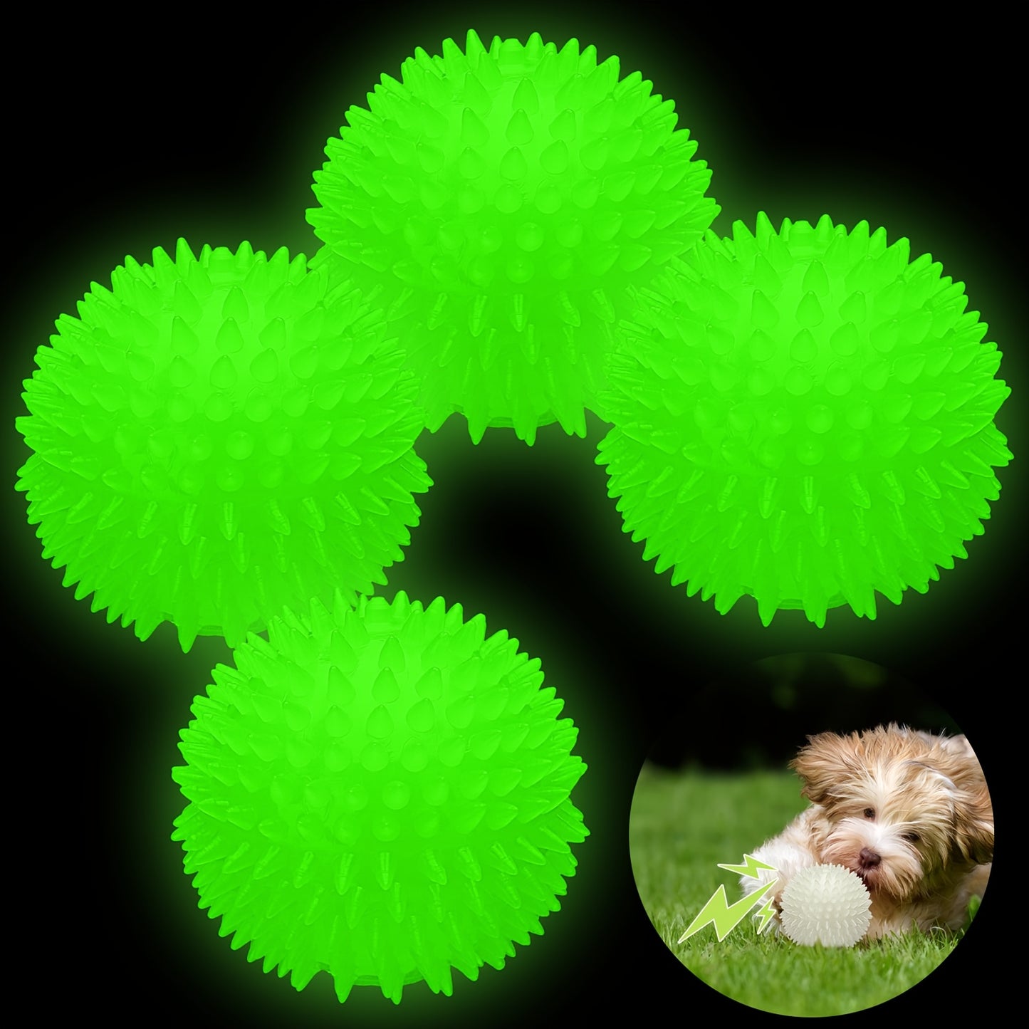4pcs 3.15 Inch Glow In The Dog Balls Light Up Spiky Squeak Rubber Spike Dog Ball Squeaky Interactive Elastic Glow In The Dark Puppy Chew Toys for Small, Medium, Large Puppy Pet