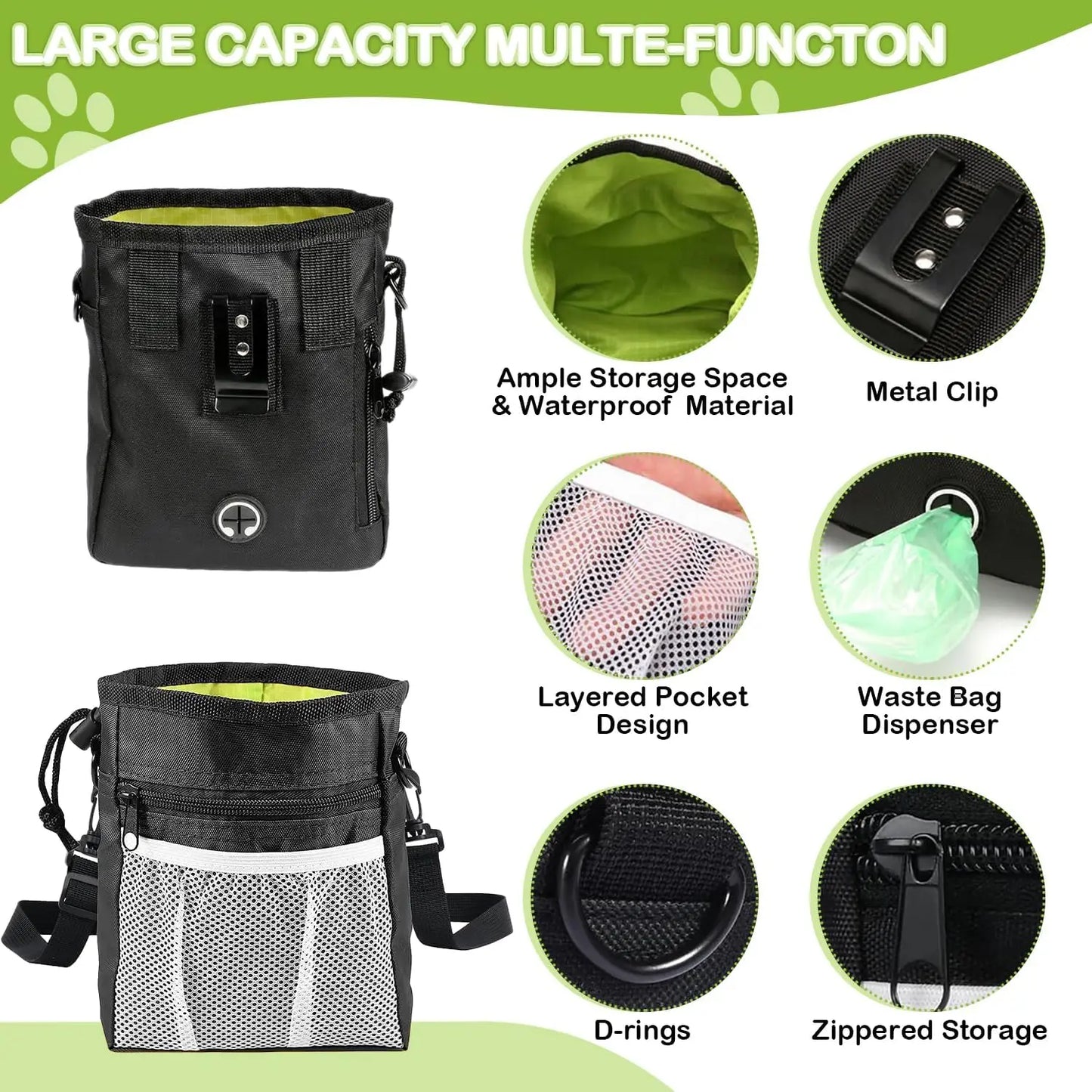 Pets First Dog Treat Training Pouch - Treat Bag for Kibble, Food, Toys, Accessories with Built-in Poop Bag Dispenser - Holder