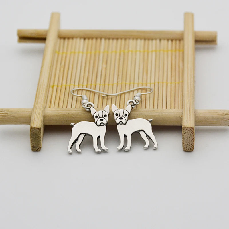 Vintage Cartoon Funny Boston Terrier Dog Charms Drop Earrings Boho Long Animal Earrings for Women Girls Party Gift Jewelry
