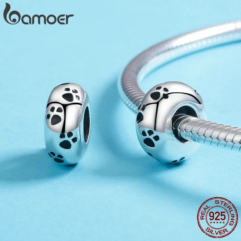 BAMOER Authentic 925 Sterling Silver Dog Animal Footprint Cat Heart LOVE Spacer Charm Fit Bracelet DIY Original SCC594