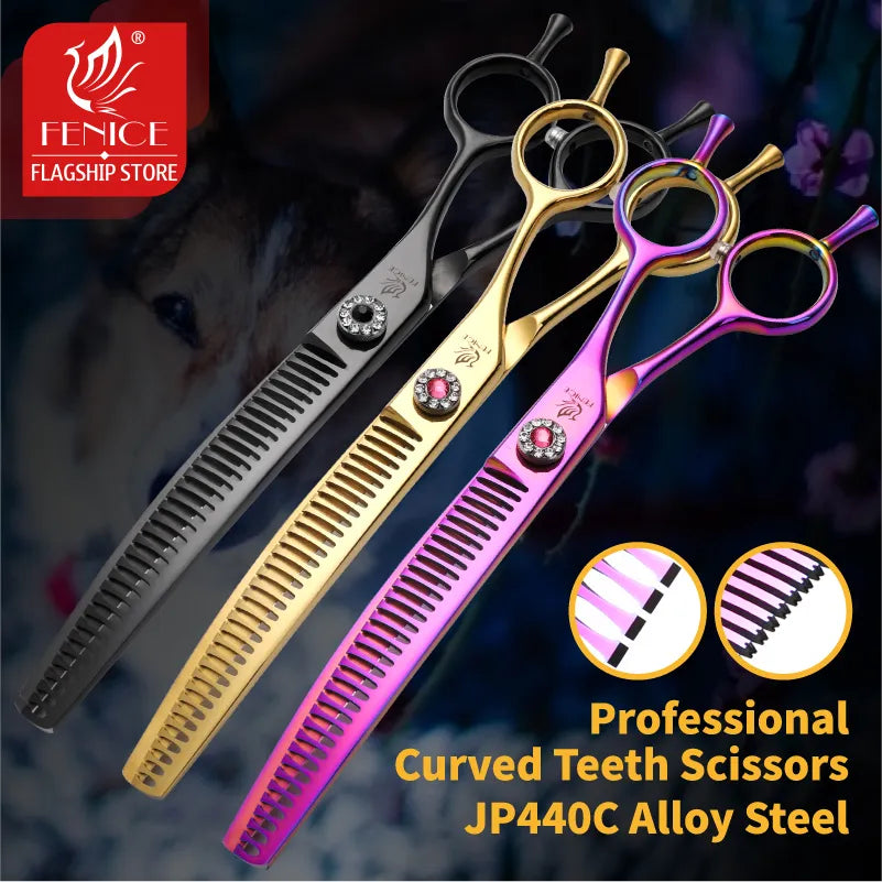Fenice high-end 7.25 inch professional dog grooming scissors curved thinning shears for dogs & cats animal hair tijeras tesoura