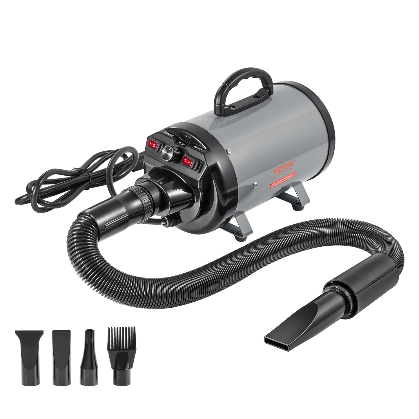 VEVOR 2000W/2.7HP Dog Blow Dryer Adjustable Speed Temperature Control with 4 Nozzles and Extendable Hose for Pet Hair Grooming