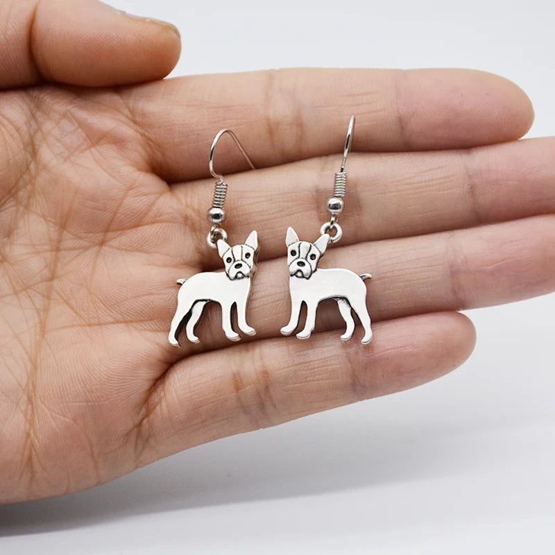 Vintage Cartoon Funny Boston Terrier Dog Charms Drop Earrings Boho Long Animal Earrings for Women Girls Party Gift Jewelry