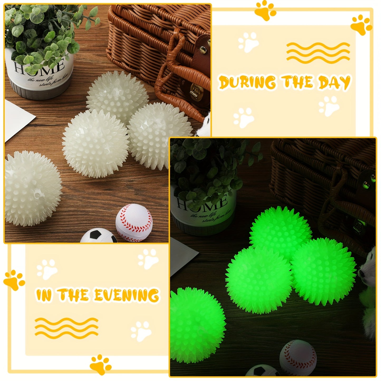 4pcs 3.15 Inch Glow In The Dog Balls Light Up Spiky Squeak Rubber Spike Dog Ball Squeaky Interactive Elastic Glow In The Dark Puppy Chew Toys for Small, Medium, Large Puppy Pet
