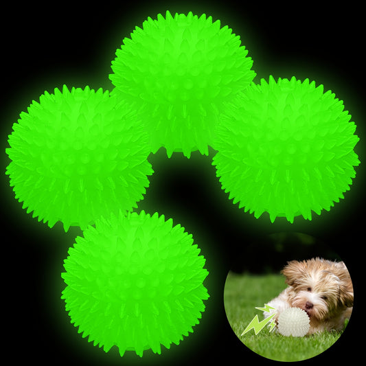 4pcs 3.15 Inch Glow In The Dog Balls Light Up Spiky Squeak Rubber Spike Dog Ball Squeaky Interactive Elastic Glow In The Dark Puppy Chew Toys for Small, Medium, Large Puppy Pet