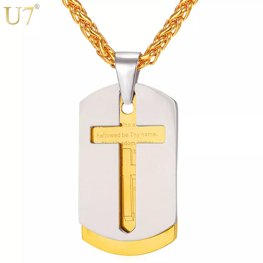 U7 Cross Necklaces Pendants Christian Jewelry Bible Lords Prayer Dog Tags Gold Color Stainless Steel Christmas Gift For Men P682