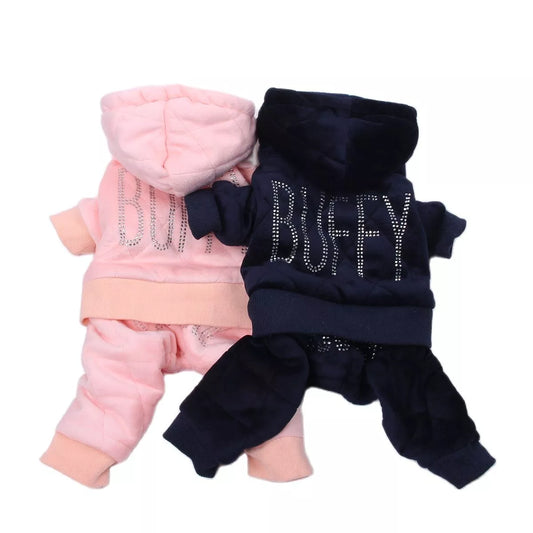 Dog Cat Velvet Coat Jacket Dress Rhinestones Design Cat Puppy Fleece Hoodie Jumpsuit Winter Warm Clothing  Outfit
