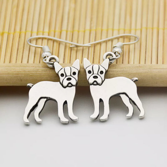 Vintage Cartoon Funny Boston Terrier Dog Charms Drop Earrings Boho Long Animal Earrings for Women Girls Party Gift Jewelry